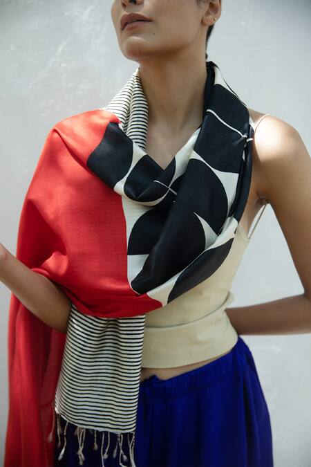 Aeshaane_Multi Color Embroidery Silk Colorblock Geometric Woven Scarf _at_Aza_Fashions