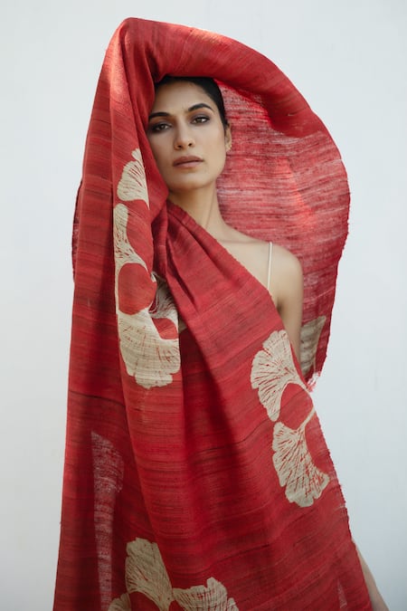Shop_Aeshaane_Red Embroidery Silk Flower Woven Scarf _Online_at_Aza_Fashions
