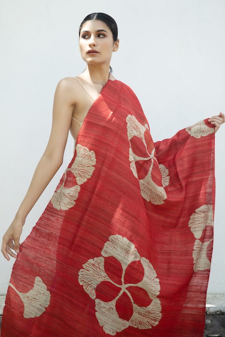 Aeshaane_Red Embroidery Silk Flower Woven Scarf _at_Aza_Fashions