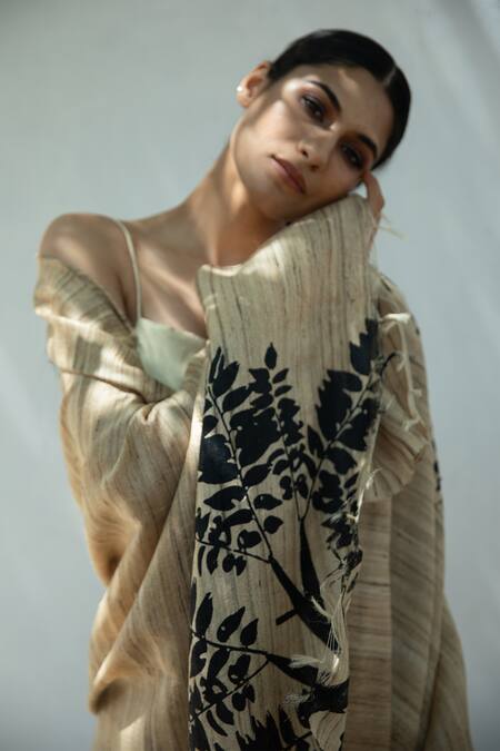 Aeshaane_Gold Embroidery Silk Leaf Stripe Woven Scarf _Online_at_Aza_Fashions