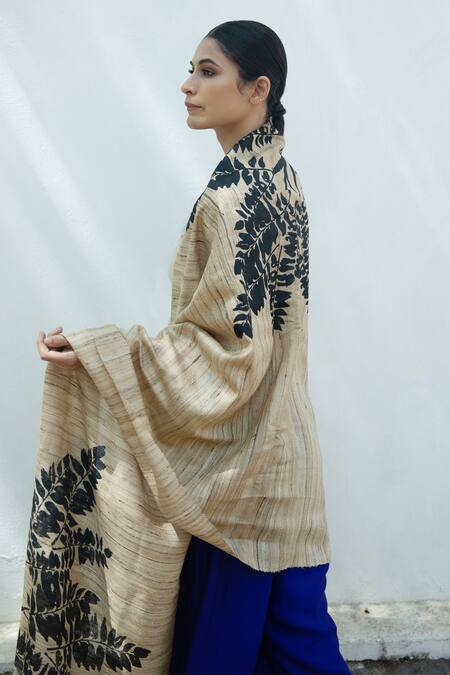 Aeshaane_Gold Embroidery Silk Leaf Stripe Woven Scarf _at_Aza_Fashions