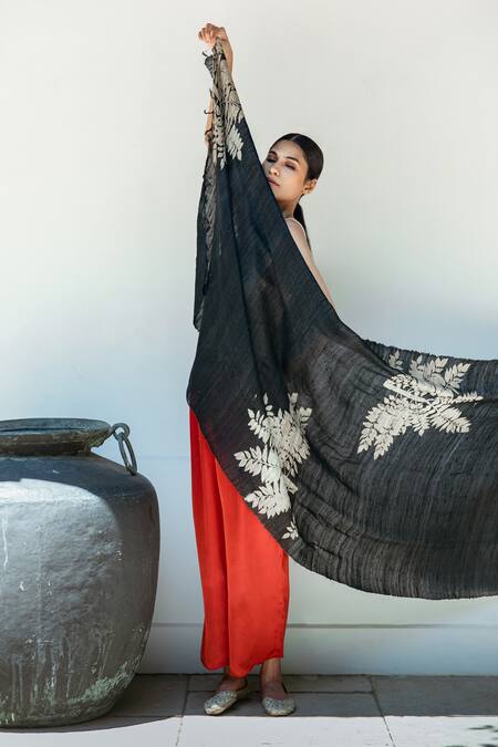 Aeshaane_Black Embroidery Twig Of Leaves Woven Scarf _Online_at_Aza_Fashions