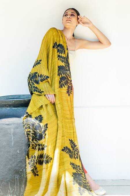 Aeshaane_Yellow Silk Garden Woven Scarf _Online_at_Aza_Fashions