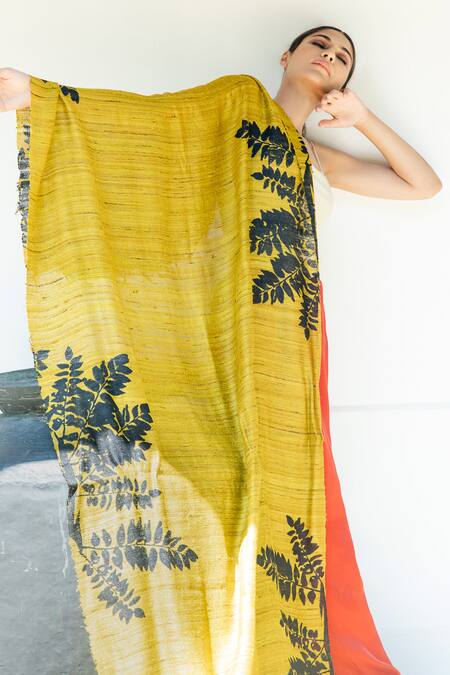 Buy_Aeshaane_Yellow Silk Garden Woven Scarf _Online_at_Aza_Fashions