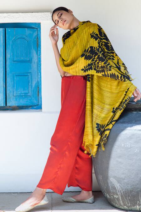 Shop_Aeshaane_Yellow Silk Garden Woven Scarf _Online_at_Aza_Fashions