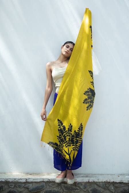 Shop_Aeshaane_Yellow Embroidery Leaves Woven Scarf _Online_at_Aza_Fashions