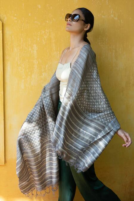 Buy_Aeshaane_Grey Embroidery Silk Polka Dot Woven Scarf _Online_at_Aza_Fashions