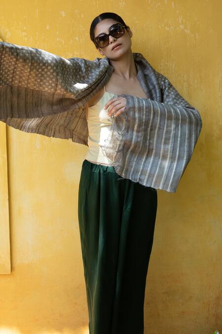 Shop_Aeshaane_Grey Embroidery Silk Polka Dot Woven Scarf _Online_at_Aza_Fashions