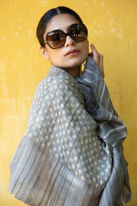 Aeshaane_Grey Embroidery Silk Polka Dot Woven Scarf _at_Aza_Fashions