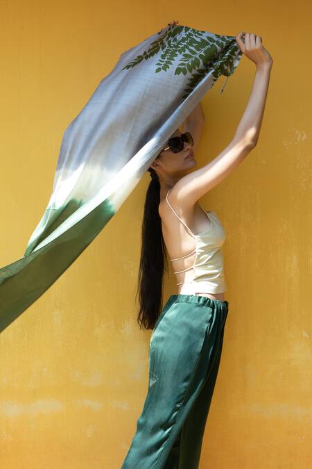 Aeshaane Green Embroidery Leaf Placement Woven Scarf Online at Aza Fashions Aeshaane_Green Embroidery Leaf Placement Woven Scarf _Online_at_Aza_Fashions