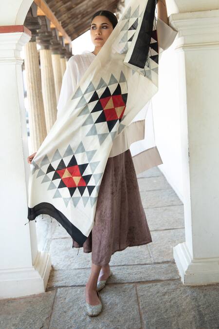 Shop_Aeshaane_Multi Color Cut Work Silk Triangle Woven Scarf _Online_at_Aza_Fashions