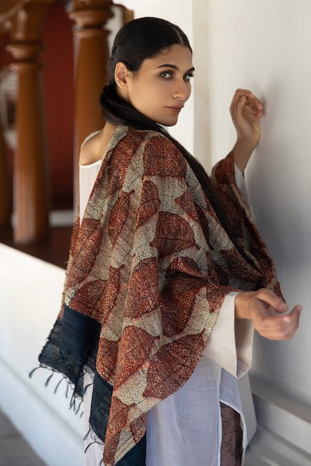 Aeshaane_Multi Color Embroidery Silk Autumn Leaves Woven Scarf _Online_at_Aza_Fashions