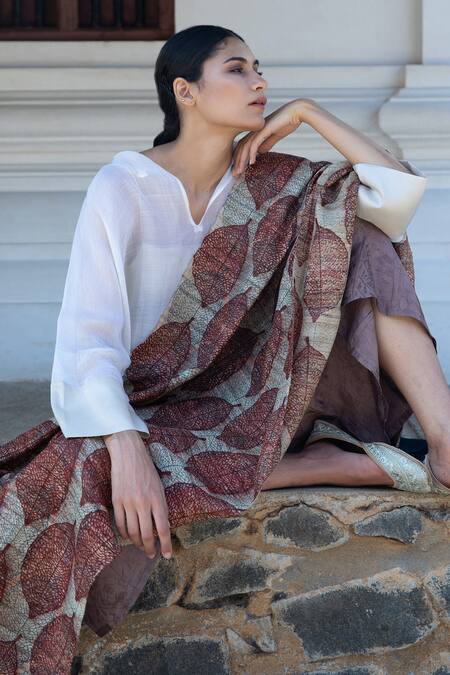 Shop_Aeshaane_Multi Color Embroidery Silk Autumn Leaves Woven Scarf _Online_at_Aza_Fashions