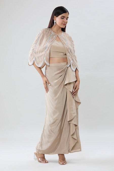 Samyukta Singhania Beige Blouse And Draped Skirt Crepe Tear Drop Pearl Embellished Cape Set