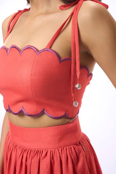 Verano By Tanya Orange Linen Pearls Square Neck Alyssa Scallop Edge Embroidered Crop Top Online at Aza Fashions Verano By Tanya_Orange Linen Pearls Square Neck Alyssa Scallop Edge Embroidered Crop Top _Online_at_Aza_Fashions