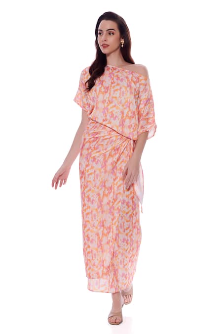 Verano By Tanya Multi Color Satin One Shoulder Amber Abstract Print Wrap Midi Dress 