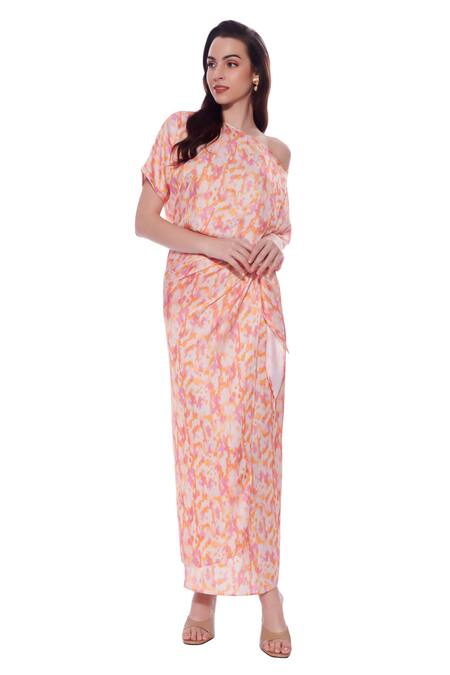 Verano By Tanya_Multi Color Satin One Shoulder Amber Abstract Print Wrap Midi Dress _Online_at_Aza_Fashions
