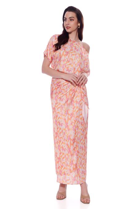 Buy_Verano By Tanya_Multi Color Satin One Shoulder Amber Abstract Print Wrap Midi Dress _Online_at_Aza_Fashions