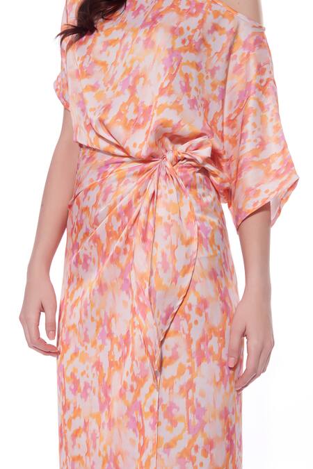 Shop_Verano By Tanya_Multi Color Satin One Shoulder Amber Abstract Print Wrap Midi Dress _Online_at_Aza_Fashions