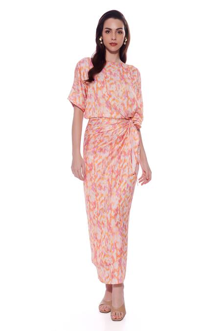 Verano By Tanya_Multi Color Satin One Shoulder Amber Abstract Print Wrap Midi Dress _at_Aza_Fashions