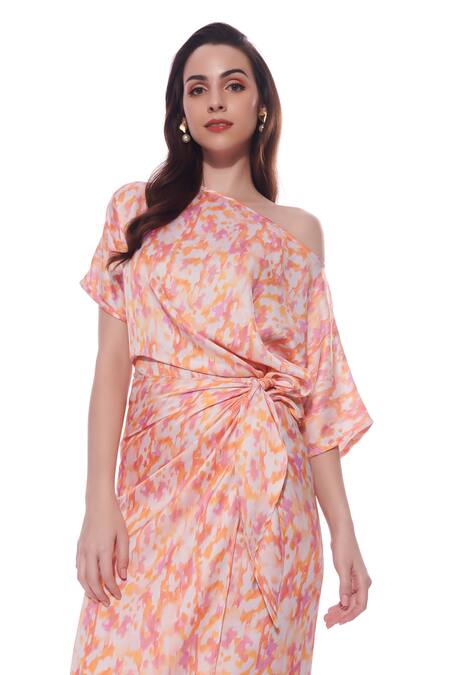 Buy_Verano By Tanya_Multi Color Satin One Shoulder Amber Abstract Print Wrap Midi Dress 