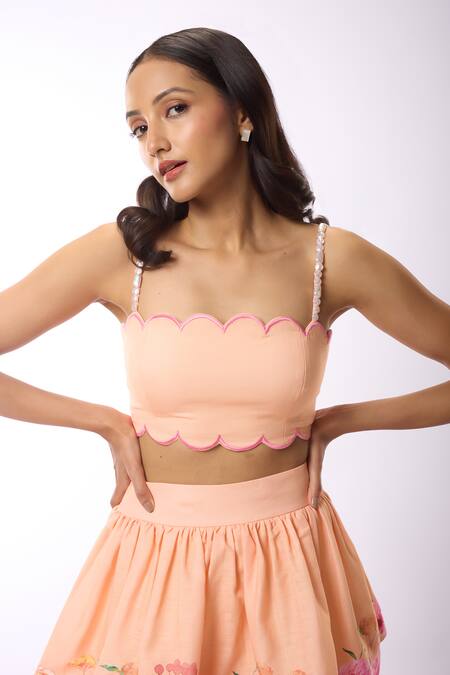 Verano By Tanya Peach Linen Beads Square Neck Amelia Scallop Edge Embroidered Crop Top Online at Aza Fashions Verano By Tanya_Peach Linen Beads Square Neck Amelia Scallop Edge Embroidered Crop Top _Online_at_Aza_Fashions