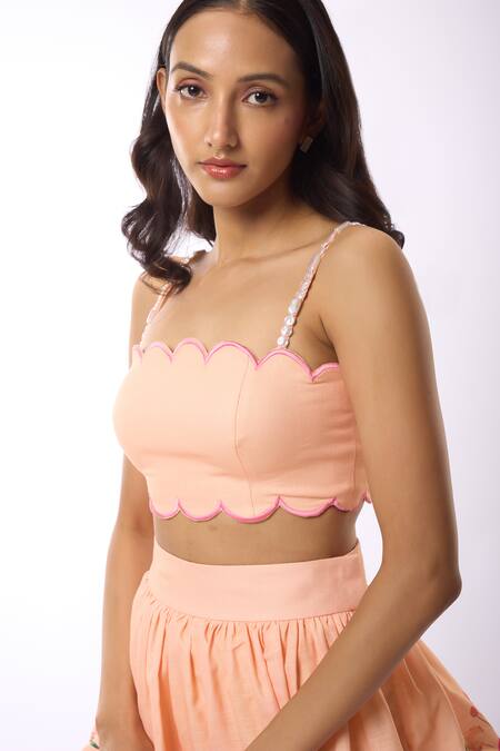 Buy Verano By Tanya Peach Linen Beads Square Neck Amelia Scallop Edge Embroidered Crop Top Online at Aza Fashions Buy_Verano By Tanya_Peach Linen Beads Square Neck Amelia Scallop Edge Embroidered Crop Top _Online_at_Aza_Fashions