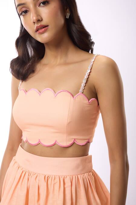 Shop Verano By Tanya Peach Linen Beads Square Neck Amelia Scallop Edge Embroidered Crop Top Online at Aza Fashions Shop_Verano By Tanya_Peach Linen Beads Square Neck Amelia Scallop Edge Embroidered Crop Top _Online_at_Aza_Fashions