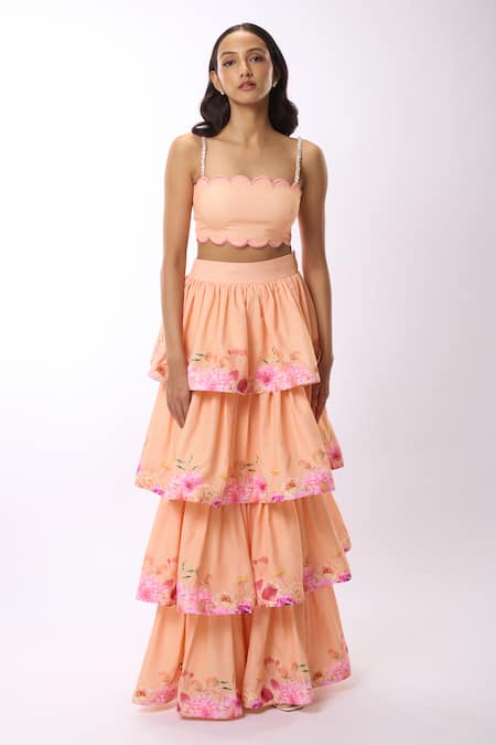Verano By Tanya_Peach Linen Amelia Gardenia Print Tiered Maxi Skirt _Online_at_Aza_Fashions