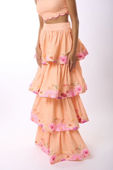 Buy_Verano By Tanya_Peach Linen Amelia Gardenia Print Tiered Maxi Skirt _Online_at_Aza_Fashions