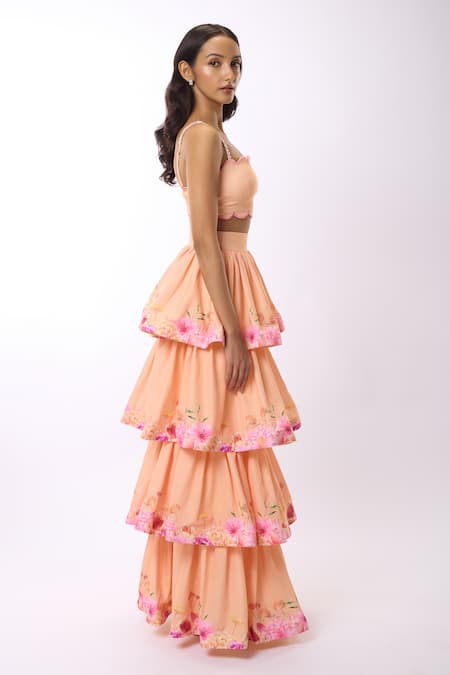 Shop_Verano By Tanya_Peach Linen Amelia Gardenia Print Tiered Maxi Skirt _Online_at_Aza_Fashions