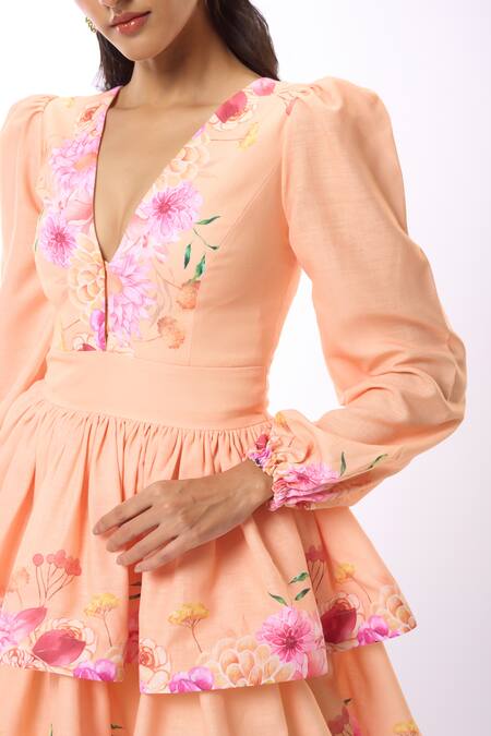 Buy Verano By Tanya Peach Linen Embroidery Plunge Neck Amelia Gardenia Print Tiered Short Dress Online at Aza Fashions Buy_Verano By Tanya_Peach Linen Embroidery Plunge Neck Amelia Gardenia Print Tiered Short Dress _Online_at_Aza_Fashions