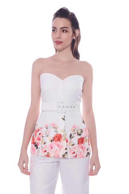 Verano By Tanya White Linen Off-shoulder Aria Blossom Print Bustier Blazer Top With Belt