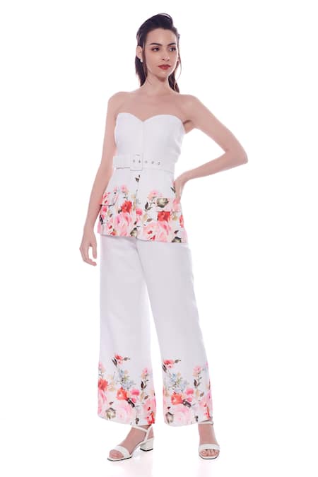 Shop Verano By Tanya White Linen Off-shoulder Aria Blossom Print Bustier Blazer Top With Belt at Aza Fashions Shop_Verano By Tanya_White Linen Off-shoulder Aria Blossom Print Bustier Blazer Top With Belt _at_Aza_Fashions