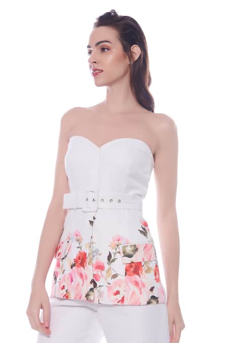 Verano By Tanya White Linen Off-shoulder Aria Blossom Print Bustier Blazer Top With Belt Online at Aza Fashions Verano By Tanya_White Linen Off-shoulder Aria Blossom Print Bustier Blazer Top With Belt _Online_at_Aza_Fashions