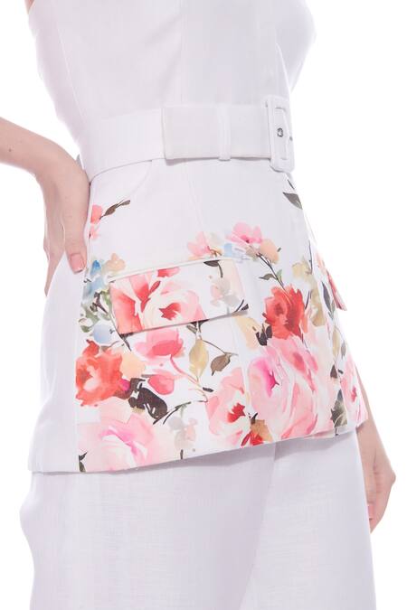Buy Verano By Tanya White Linen Off-shoulder Aria Blossom Print Bustier Blazer Top With Belt Online at Aza Fashions Buy_Verano By Tanya_White Linen Off-shoulder Aria Blossom Print Bustier Blazer Top With Belt _Online_at_Aza_Fashions