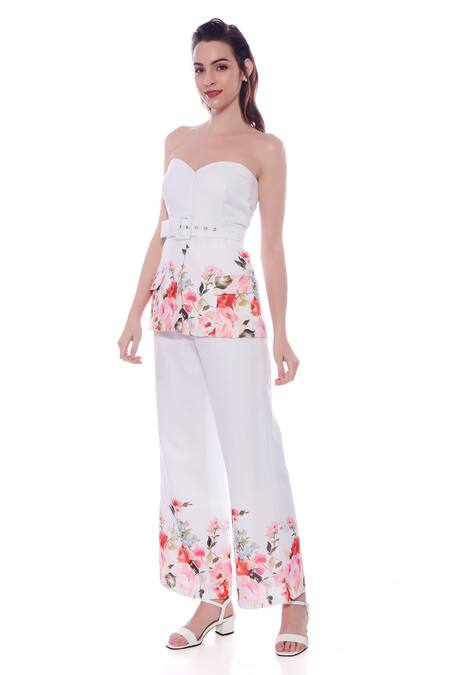 Shop Verano By Tanya White Linen Off-shoulder Aria Blossom Print Bustier Blazer Top With Belt Online at Aza Fashions Shop_Verano By Tanya_White Linen Off-shoulder Aria Blossom Print Bustier Blazer Top With Belt _Online_at_Aza_Fashions