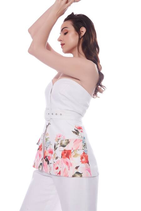 Verano By Tanya White Linen Off-shoulder Aria Blossom Print Bustier Blazer Top With Belt at Aza Fashions Verano By Tanya_White Linen Off-shoulder Aria Blossom Print Bustier Blazer Top With Belt _at_Aza_Fashions