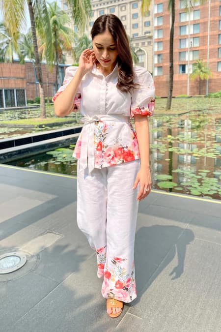 Shop Verano By Tanya White Linen Collared Aria Blossom Print Shirt With Belt at Aza Fashions Shop_Verano By Tanya_White Linen Collared Aria Blossom Print Shirt With Belt _at_Aza_Fashions
