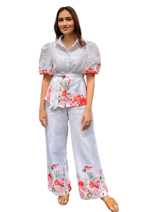Verano By Tanya White Linen Collared Aria Blossom Print Shirt With Belt Online at Aza Fashions Verano By Tanya_White Linen Collared Aria Blossom Print Shirt With Belt _Online_at_Aza_Fashions