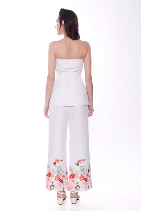 Shop Verano By Tanya White Linen Aria Blossom Print Trouser at Aza Fashions Shop_Verano By Tanya_White Linen Aria Blossom Print Trouser _at_Aza_Fashions