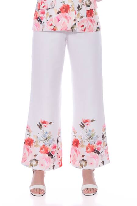 Verano By Tanya White Linen Aria Blossom Print Trouser at Aza Fashions Verano By Tanya_White Linen Aria Blossom Print Trouser _at_Aza_Fashions