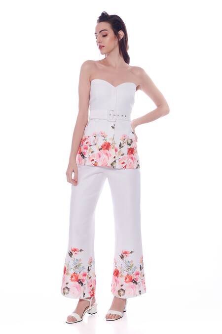 Buy Verano By Tanya White Linen Aria Blossom Print Trouser Buy_Verano By Tanya_White Linen Aria Blossom Print Trouser