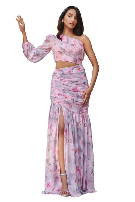 Buy Verano By Tanya Pink Georgette One Shoulder Ariel Mia Bloom Print Dress Online at Aza Fashions Buy_Verano By Tanya_Pink Georgette One Shoulder Ariel Mia Bloom Print Dress _Online_at_Aza_Fashions