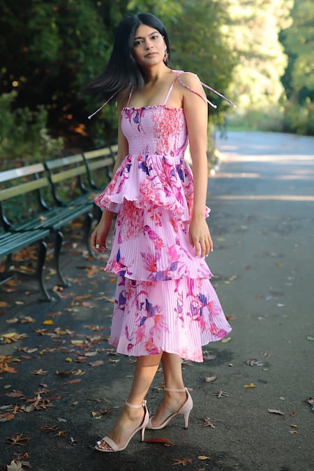 Shop_Verano By Tanya_Pink Georgette Square Neck Bella Florence Print Pleated Tiered Midi Dress _at_Aza_Fashions