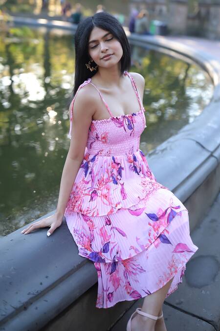 Verano By Tanya_Pink Georgette Square Neck Bella Florence Print Pleated Tiered Midi Dress _Online_at_Aza_Fashions