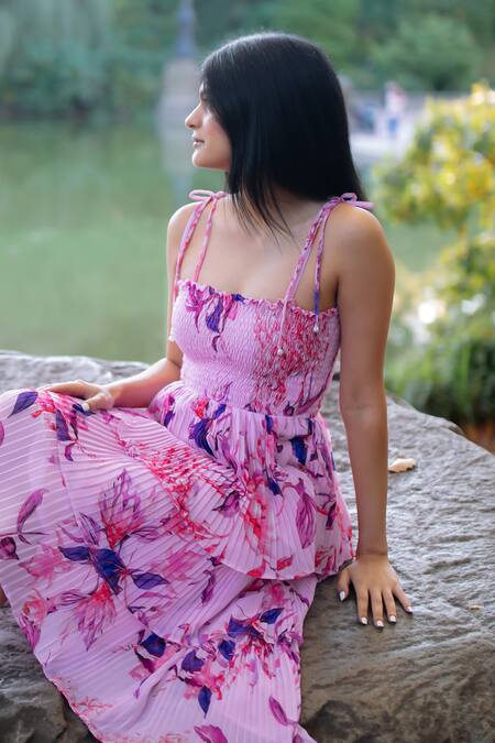 Buy_Verano By Tanya_Pink Georgette Square Neck Bella Florence Print Pleated Tiered Midi Dress _Online_at_Aza_Fashions
