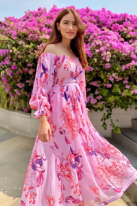 Shop Verano By Tanya Pink Georgette Bella Staci Florence Print Accordion Pleated Midi Dress at Aza Fashions Shop_Verano By Tanya_Pink Georgette Bella Staci Florence Print Accordion Pleated Midi Dress _at_Aza_Fashions