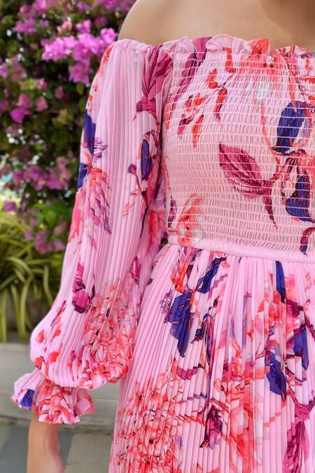 Verano By Tanya Pink Georgette Bella Staci Florence Print Accordion Pleated Midi Dress Online at Aza Fashions Verano By Tanya_Pink Georgette Bella Staci Florence Print Accordion Pleated Midi Dress _Online_at_Aza_Fashions