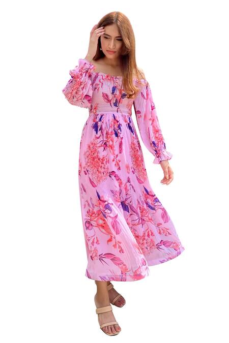 Buy Verano By Tanya Pink Georgette Bella Staci Florence Print Accordion Pleated Midi Dress Online at Aza Fashions Buy_Verano By Tanya_Pink Georgette Bella Staci Florence Print Accordion Pleated Midi Dress _Online_at_Aza_Fashions